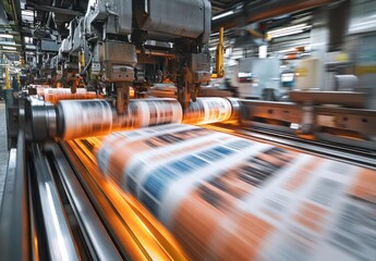High-speed printing press with paper rolls moving along a conveyor belt.