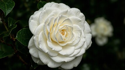 Elegant white camellia bloom in soft shadows on gradient green backdrop