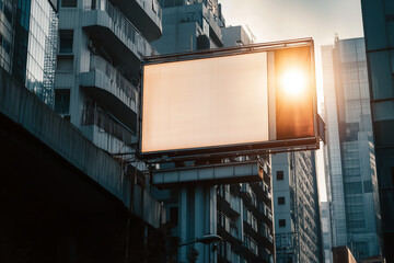 Empty billboard on a city street, low angle shot, sunlight illuminating the building in the background, minimalistic scene.