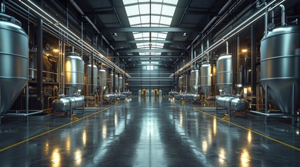 Fototapeta premium Modern industrial facility featuring stainless steel tanks and reflective floors in a spacious warehouse during daylight