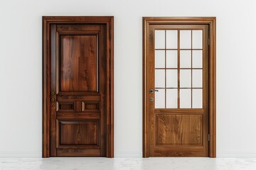 Obraz premium photo two brown wooden doors, one featuring solid panels and the other with elegant glass inserts