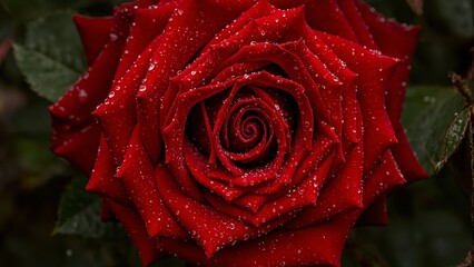Vibrant red rose with water droplets velvety petals in tight spiral contrasted by dark green leaves