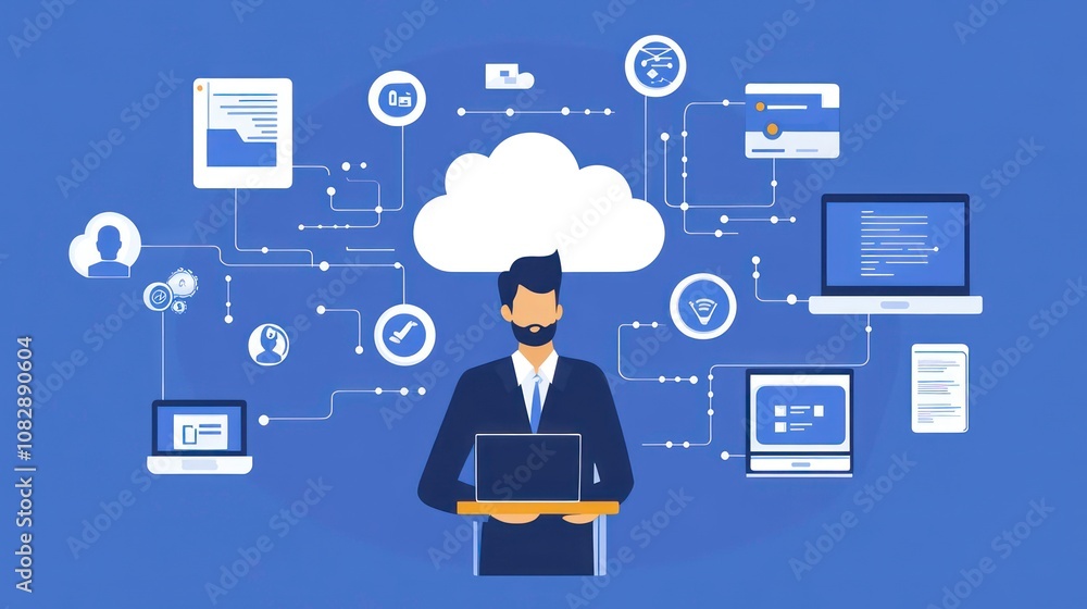 Poster businessman showing saas icons for software services on cloud system. internet and networking techno