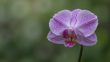 Fototapeta premium Vibrant violet orchid bloom with dew drops and radiant core on soft green background