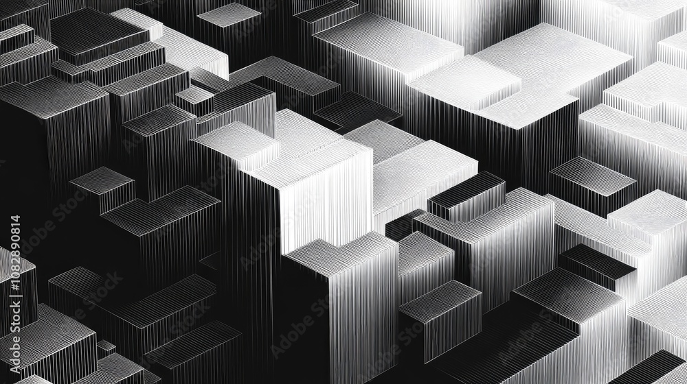 Poster abstract line art illustration featuring a 3d square pattern with stacked shapes in a black and whit