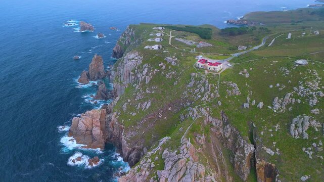 Aerial view from a drone of the surroundings of the Lighthouse and the Batteries of Cabo Prior in the parish of Cobas. Ferrol. Province of La Coru&ntilde;a. Galicia. Spain. Europe
