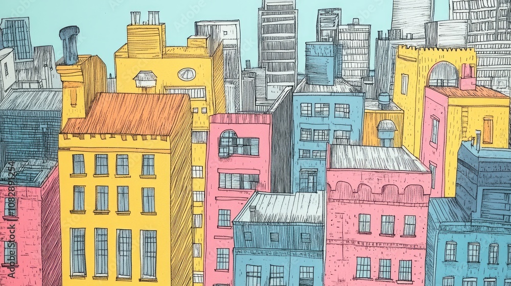 Poster line art illustration showcasing an elevated view of an urban scene with distinctive architectural e
