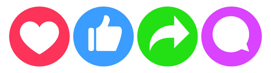 Social media heart, thumb up, share and message icon. Like and love symbol for online communication, message, website, mobile app vector