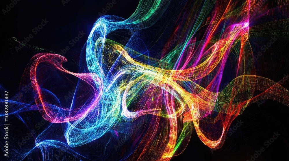 Poster abstract light painting in line art style with ample copy space against a black backdrop featuring a