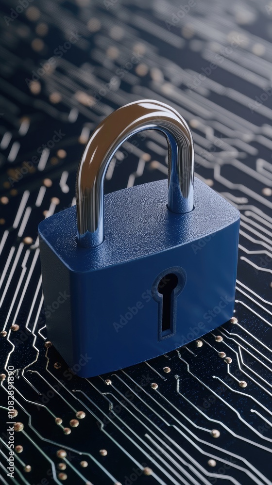 Poster digital security masterclass with a blue padlock on a circuit board background in a futuristic dark 