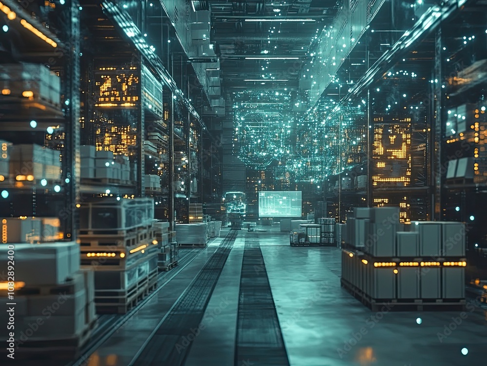 Poster futuristic warehouse with glowing lights and stacked boxes reflecting an abstract digital network in