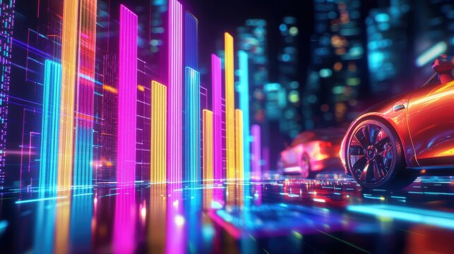 Futuristic Electric Vehicle Sales Bar Chart Displayed Against a Digital Cityscape in 2023