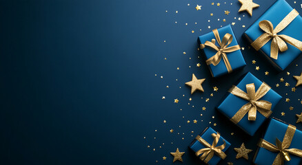Blue gift boxes decorated with gold bows and scattered gold stars on a dark blue background