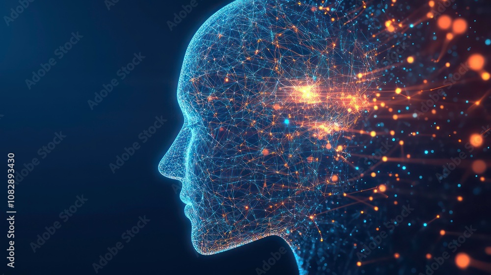 Poster blue digital wireframe hologram of human head representing artificial intelligence and future techno
