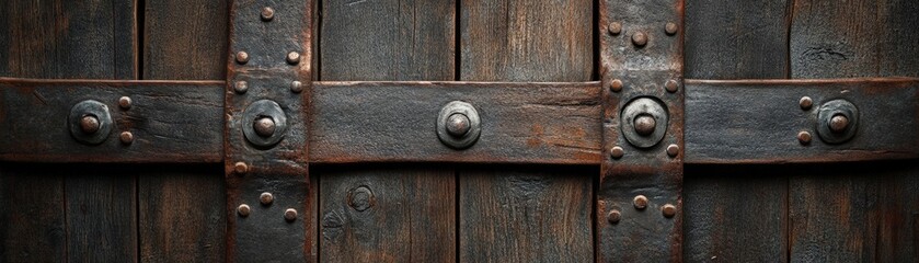Fototapeta premium A close-up of an ancient wooden door adorned with metal straps and rivets, showcasing rustic charm