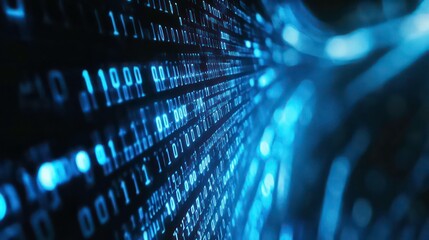 Abstract digital binary code pattern on a black background with glowing blue lines.