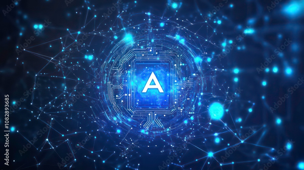 Poster a glowing letter a surrounded by circuit board patterns and a network of lines, representing artific