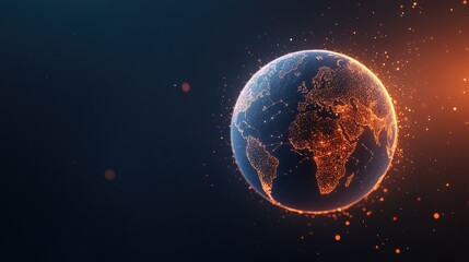 A digitally connected Earth sphere radiating vibrant networks against an abstract dark blue and orange background