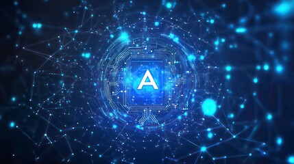 A glowing letter A surrounded by circuit board patterns and a network of lines, representing artificial intelligence.