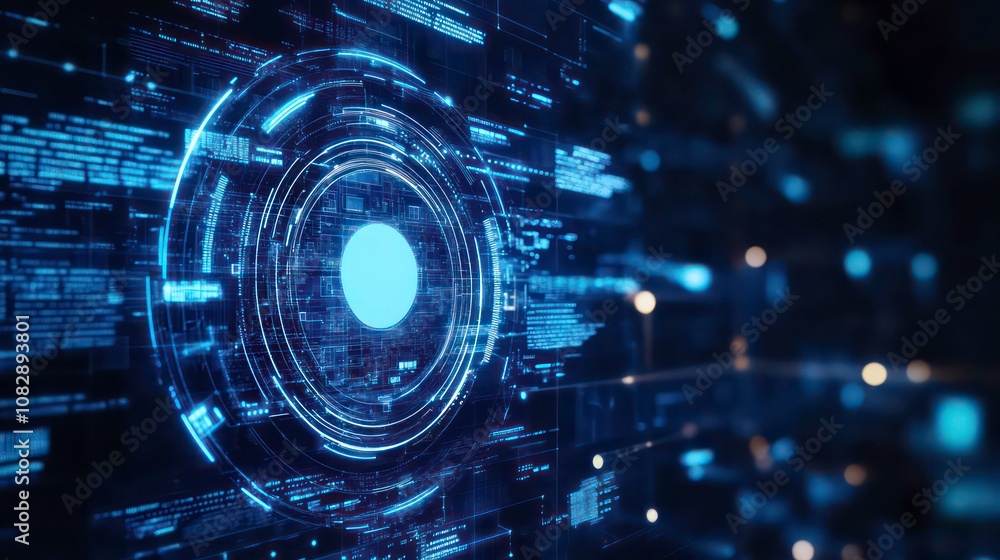 Poster blue and white ai icon in a digital futuristic interface with glowing tech elements and abstract dat