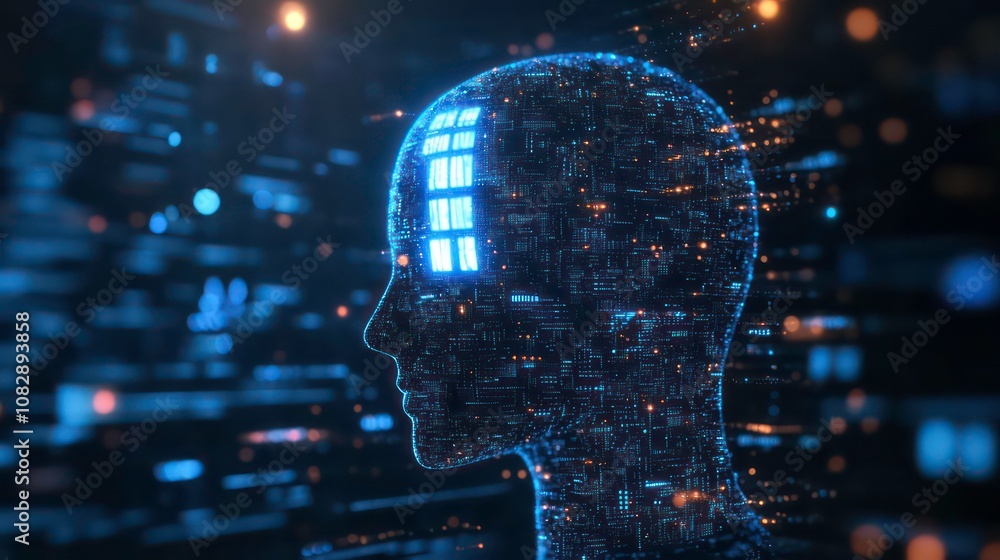 Poster blue and white ai icon in a digital futuristic interface with glowing tech elements and abstract dat