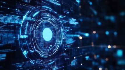 Blue and white AI icon in a digital futuristic interface with glowing tech elements and abstract data visualization