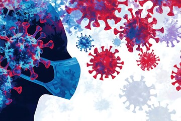 medical mask on abstract woman's head in virus and bacteria shapes, seasonal infections and diseases, importance of vaccine, bacteria protection, health concept wallpaper coronavirus covid epidemic