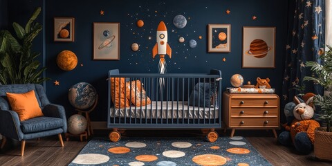 A modern nursery decorated with a space theme. The walls are dark blue with planets and stars, while the crib is navy blue with wooden legs. 