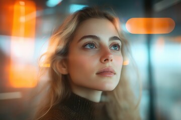 Young woman gazing thoughtfully through a glass window in a modern urban setting