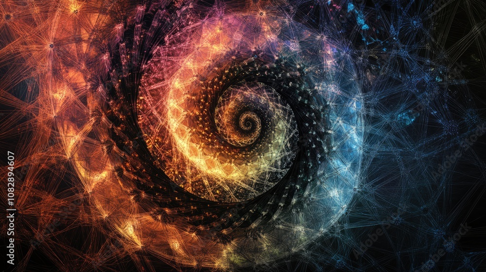 Aufkleber line art illustration of a dark fractal image featuring a spiral hand drawn design on a multicolored