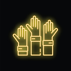 Neon sign of three hands voting during elections on a black background