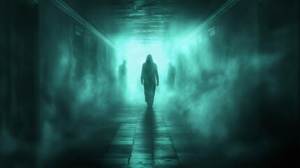 haunted hallway, a man in a deserted hallway, hearing eerie whispers and catching glimpses of shadowy figures lurking in the corners