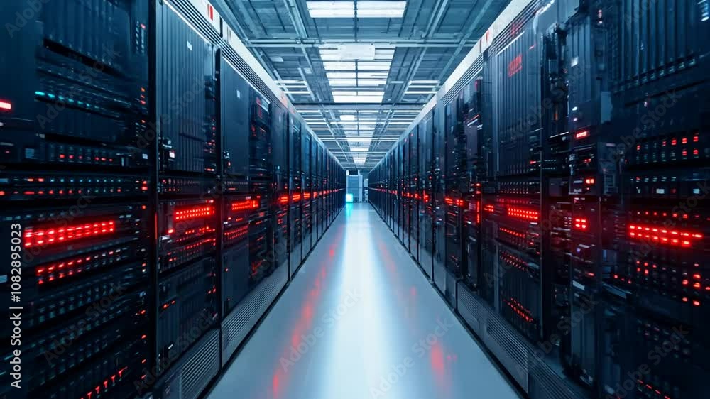 Poster animated data servers with red leds in tech facility generative ai