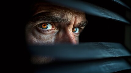 suspicious neighbor, the paranoid man is watching his neighbors against a dark background with empty space
