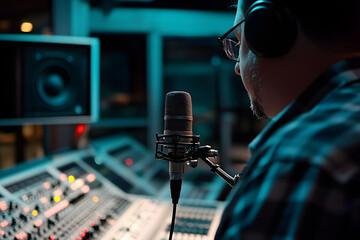 Reporter doing a radio show in a studio. Radio concept.