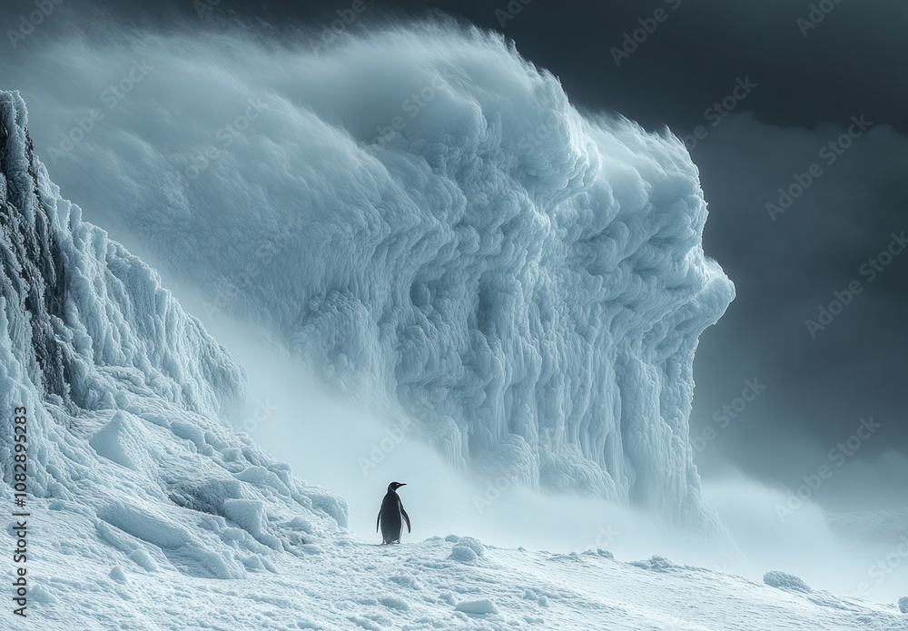 Poster here's a possible and keyword list for your image.. penguin braving antarctic blizzard.