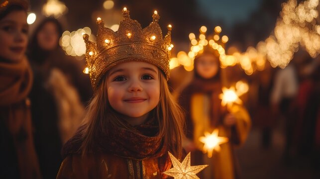 cultural celebration, colorful epiphany celebration in a quaint village families surround a dazzling three kings parade with kids carrying traditional star lanterns