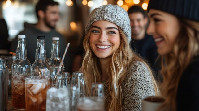 dry january celebration, enjoy a lively winter party with loved ones, complete with a hot chocolate stand and refreshing drinks, as everyone mingles without alcohol for dry january - Powered by Adobe
