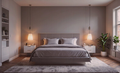 Bedroom with a bed, nightstands, and a potted plant