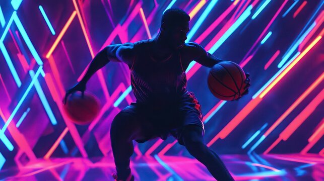 Silhouette of a basketball player dribbling against a neon background. - Powered by Adobe