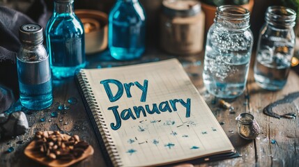 dry january challenge, close-up image of a planner or journal with dry january in bold, surrounded by water bottles, tea, and motivational wellness quotes, showing dedication to sobriety