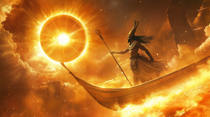 Ra, the sun god, with a radiant solar disk above his head, flying across the sky on a glowing golden barque