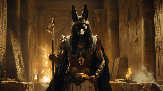 Anubis, the jackal-headed god, standing in a dimly lit tomb, holding a golden ankh in one hand and a staff in the other