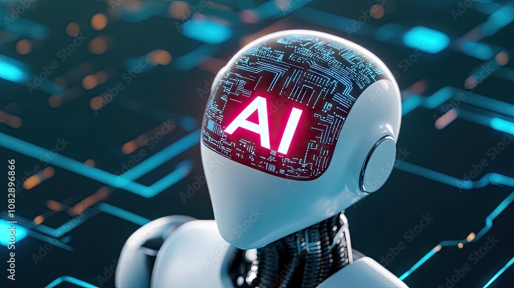 Poster a sleek humanoid robot with glowing eyes connects to a web of ai technology in a dark, abstract spac