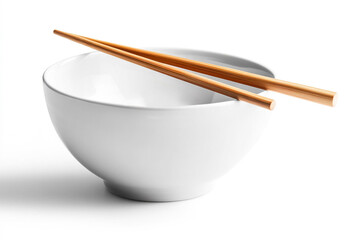 Empty white bowl with pair chopsticks on white background