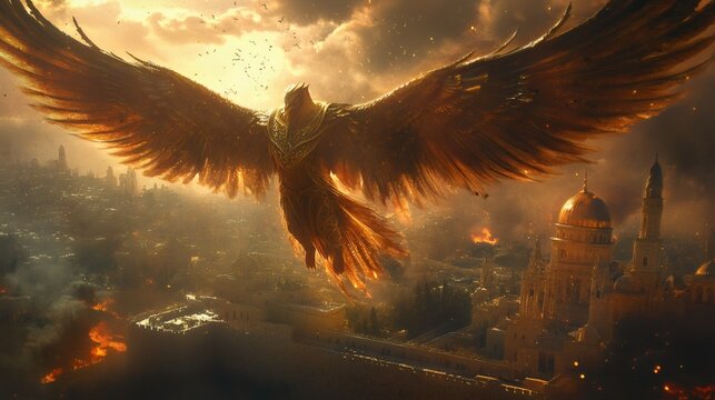 religious art, a representation of buraq with intricate wings and a dignified expression flying towards the sky, with jerusalems skyline in the backdrop