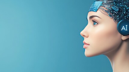 A futuristic female robot with an AI chip connects to a network of data points, illustrating the integration of technology and intelligence