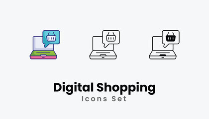 Digital Shopping Icons thin line and glyph vector icon stock illustration