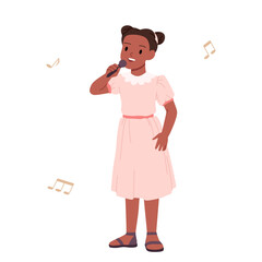 Girl singing song. Cute child in pink dress holding microphone, little singer standing on stage to sing and practice music lesson, happy kid training voice with smile cartoon vector illustration