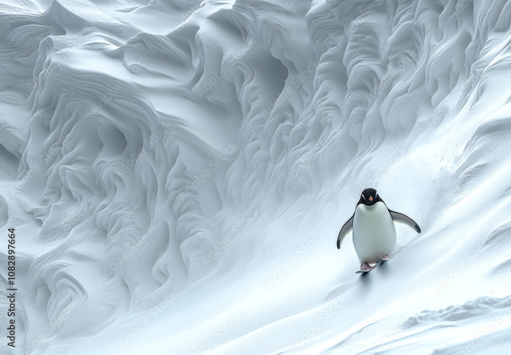 Poster here's a caption and keyword list suitable for a stock photo site.. penguin on antarctic snowdrift.